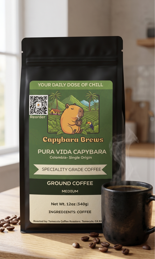 Capybara Brews coffee package on a wooden surface with a cup and coffee beans.